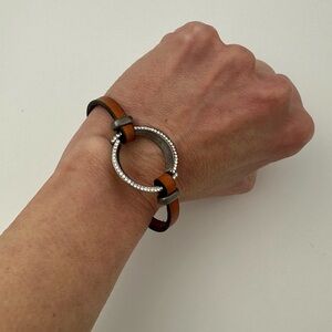 Camel Leather Bracelet with Pewter and Rhinestone Ring